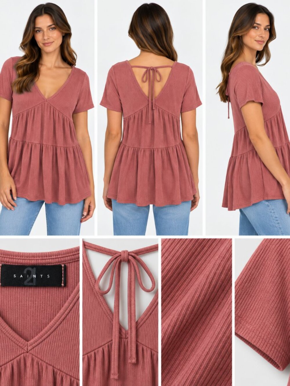 21 Saints Dusty Rose Tiered V-Neck Tie Back Tunic Top Size S